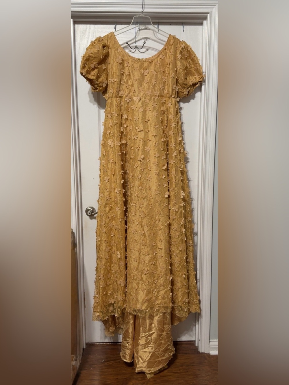Bridgerton Inspired Gold Regency Dress with Puff Sleeves